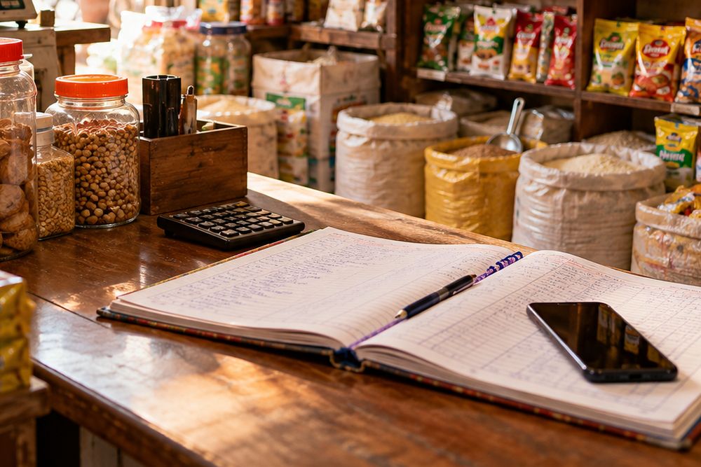 A kirana counter with a ledger, a phone and a calculator