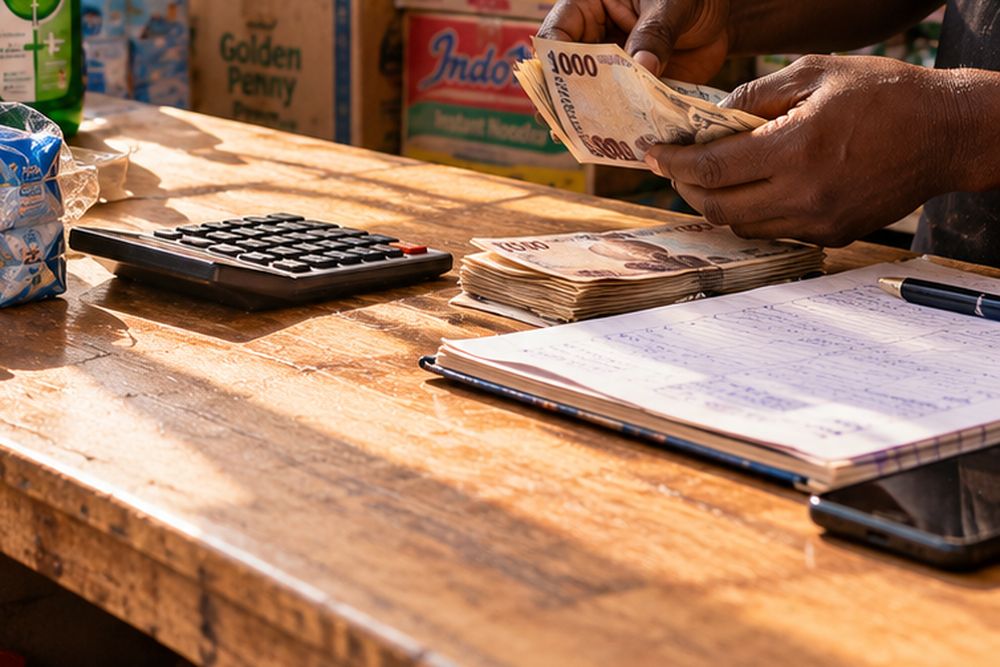 A market stall counter with cash being counted next to a ledger