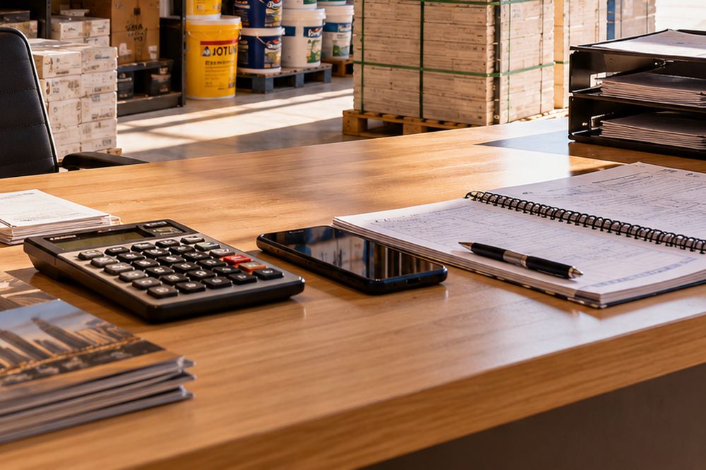 A wholesaler's desk with a notebook, a phone and a calculator
